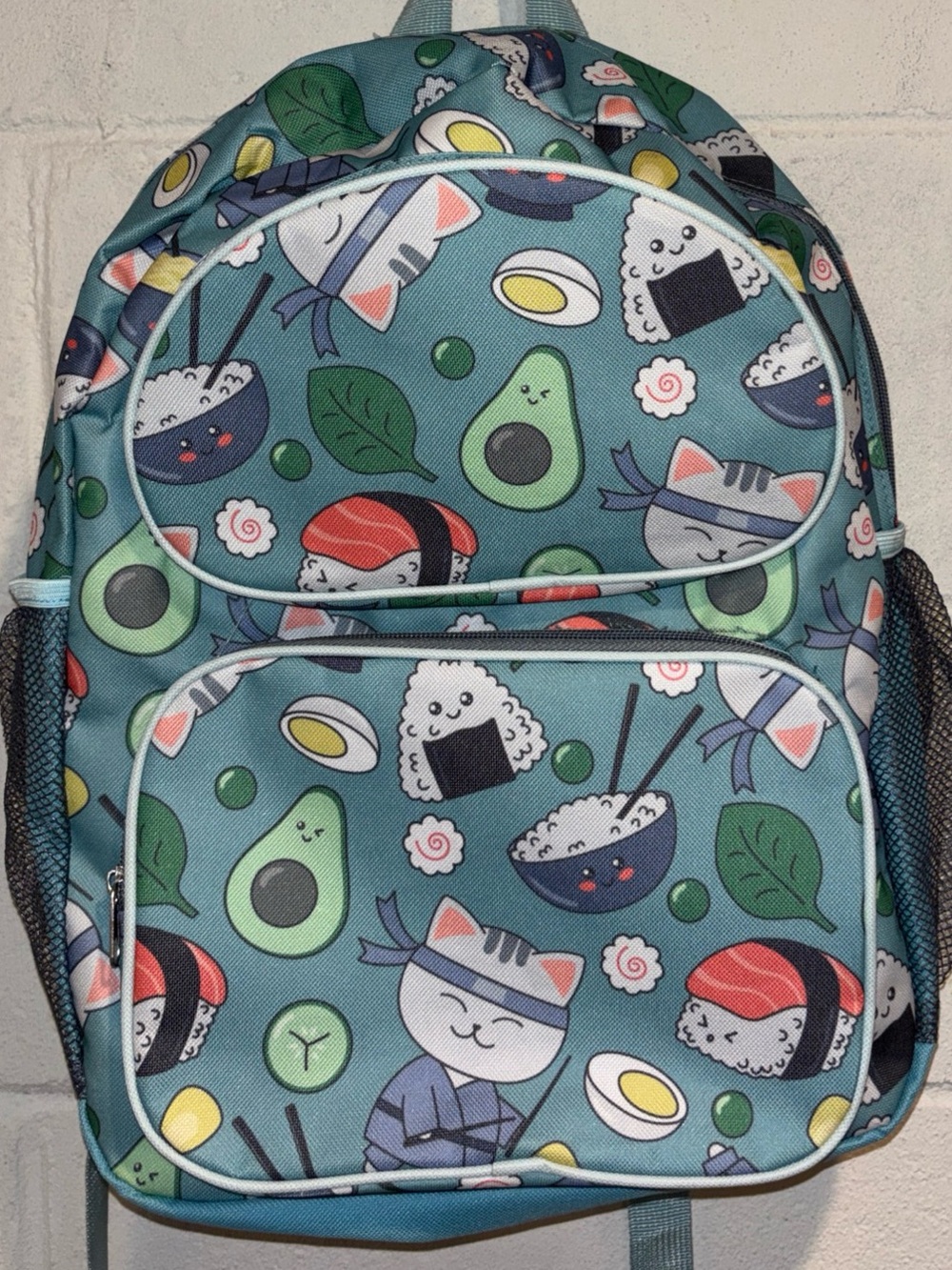 Women’s Sushi Kitty backpack book bag teal green with laptop sleeve